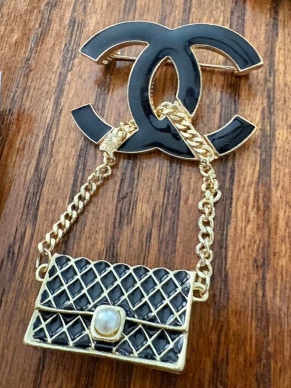 Fashion Jewelry Black & Gold CC Brooch w/ Quilted Mini Bag suspended on a chain